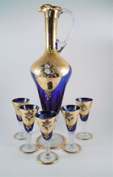 Vintage Bohemian Floral Enamel And Gold Cobalt Blue Glass Liqueur Decanter And Glasses Set By