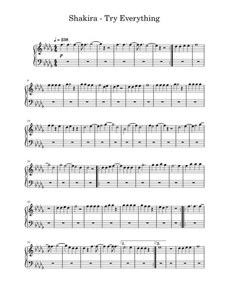Shakira Try Everything Sheet Music For Piano Solo Easy