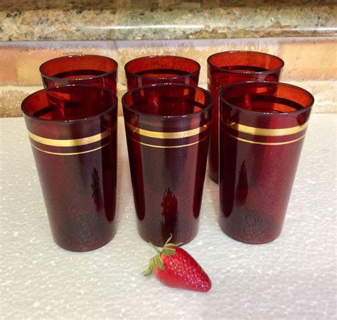 Vintage Ruby Red Glass Tumblers With Gold Trim Water Glass Drinking
