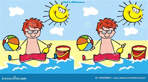 Game Find Five Differences Little Boy On The Beach Funny Vector