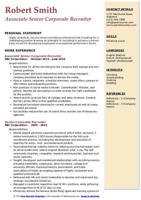 senior corporate recruiter resume samples qwikresume