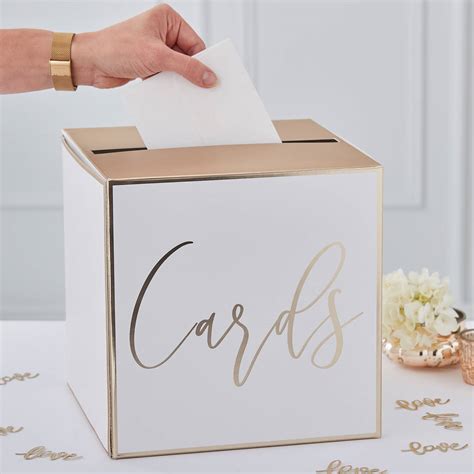 The card box has the word cards written in gold across the front, with the words thank you written below letting guests know their cards and wishes are appreciated. Card Holder Wedding Post Box White And Gold Foiled By ...