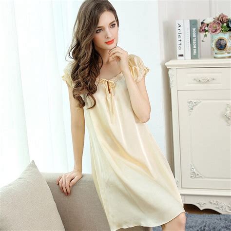 Summer 100 Genuine Silk Sexy Nightgown Short Sleeves Nighty Dress Women Satin Pure Silk