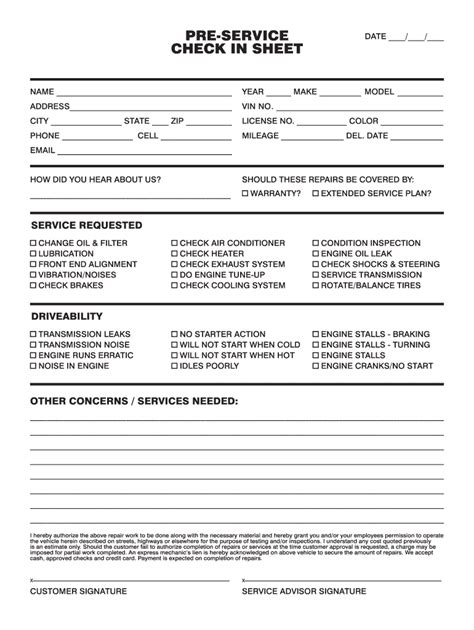 Pre Service Check In Sheet Fill Online Printable Fillable Blank