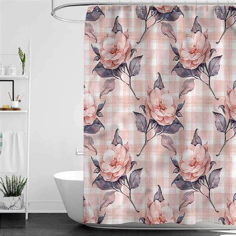 Interestlee Dusty Rose Floral Shower Curtain Checkered Rose Branch Heavy Weighted