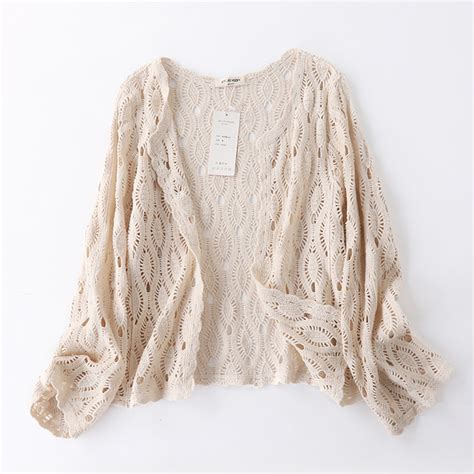 Spring Autumn Hollow Out Cotton Cardigan Coat Women Solid Color