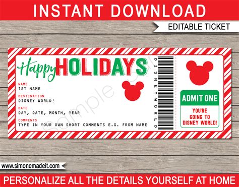 Holiday Walt Disney World T Ticket Template Surprise Disney World