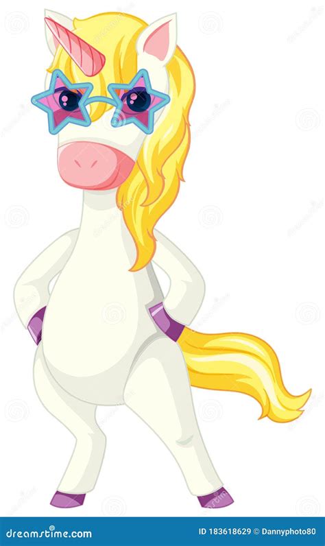 Cute Yellow Unicorn Wearing Glasses In Standing Position On White