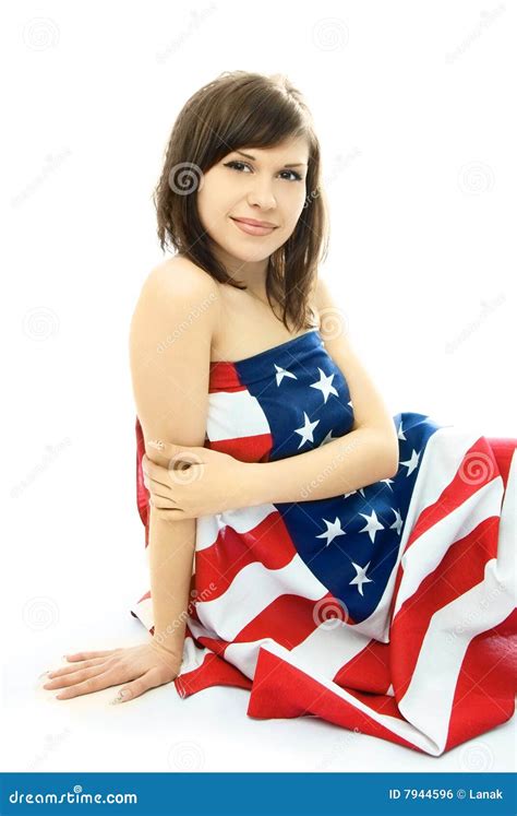 Beautiful Woman Wrapped Into The American Flag Stock Photo Image Of