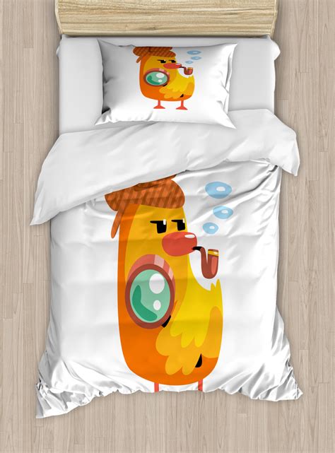 Cartoon Duvet Cover Set Twin Size Private Detective Duckling Character With A Magnifying Glass