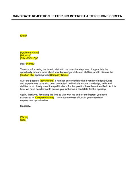 Sample Rejection Letter To Candidate