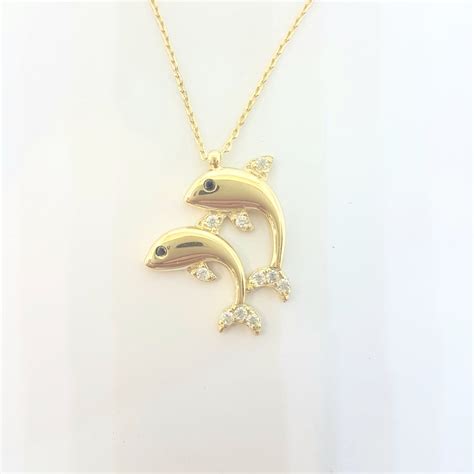 Double Dolphin Pendant Necklace For Women 14k Real Solid Gold Latika