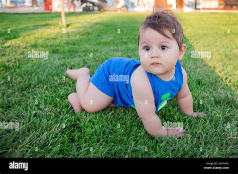 Baby Boy Crawling On The Grass Stock Photo Alamy