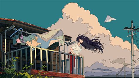 Black Haired Girl Anime Character Illustration Clouds Sky Cloth Buildin Anime Scenery