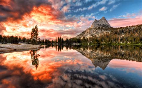 Landscape Sunset Reflection Cathedral Lake Yosemite