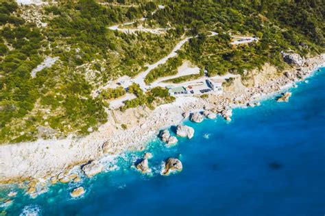 Aerial View Of Zig Zag Road And Kalamitsi Beach Ionian Sea Lefkada