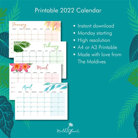 2022 Printable Calendar Tropical A4 Or A3 Monthly Wall Etsy