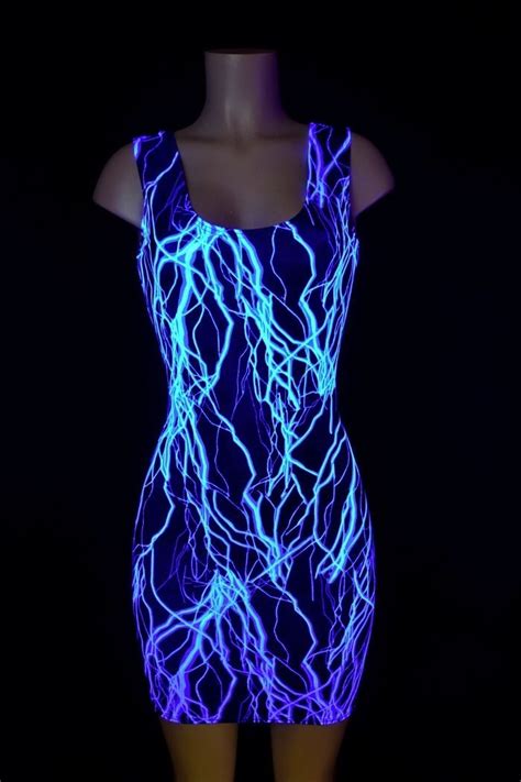 Neon Blue Lightning Bolt Uv Glow Tank Style Bodycon Spandex Dress Made To Order Neon Outfits