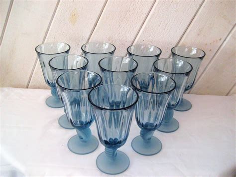 Blue Stemmed Drinking Glasses Vintage Water Glasses Set Of Twelve 8 Ounce Glasses 12 Eight