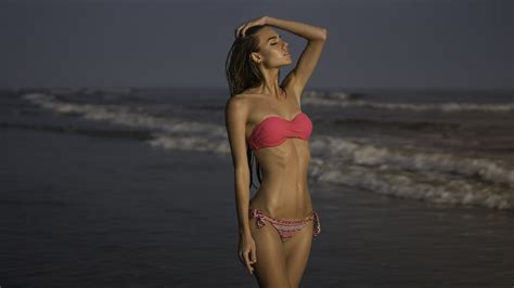 Wallpaper Tanned Sea Bikini Skinny Closed Eyes Depth Of Field Women Outdoors Wet Hair