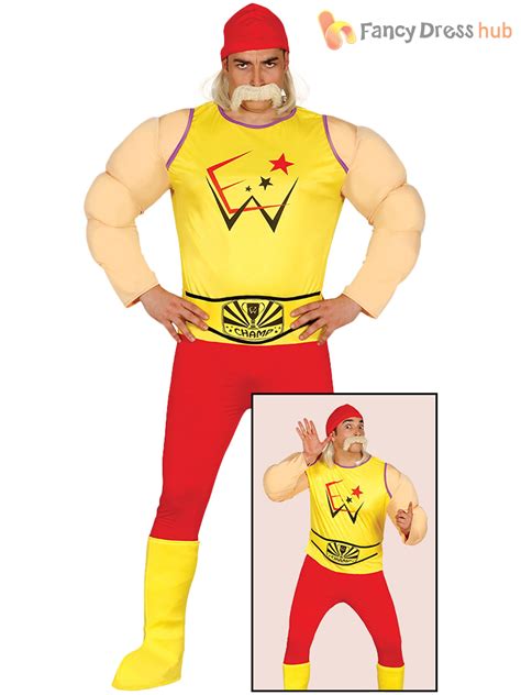 Mens Wrestler Costume Adults Hulk Hogan Fancy Dress 80s