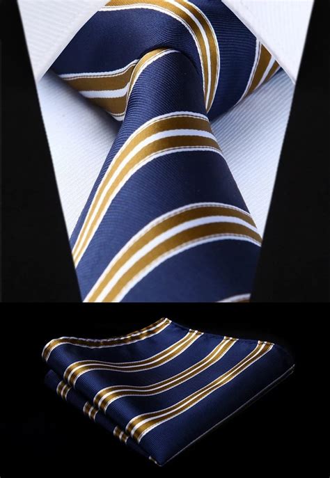 Navy Blue Gold Striped 34 Silk Tie Party Wedding Handkerchief Set Ne