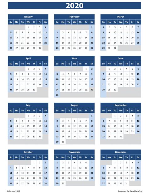 Calendar No Excel 2020 Calendario 2019
