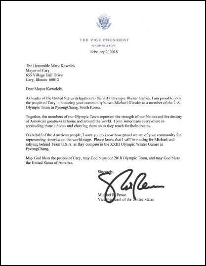 Formal letters need a professional tone. Vice President Mike Pence honors Cary Olympian Michael ...