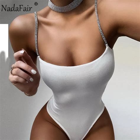 Nadafair Sexy Women Bodysuit Summer Spaghetti Strap Chain Black Solid