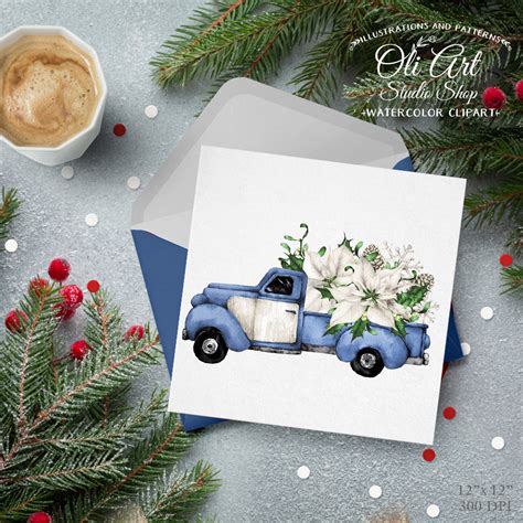 Merry Christmas Blue Truck Digital Clip Art Poinsettia Hand Drawn