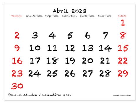 Calendário De Abril De 2023 Para Imprimir “46ds” Michel Zbinden Pt