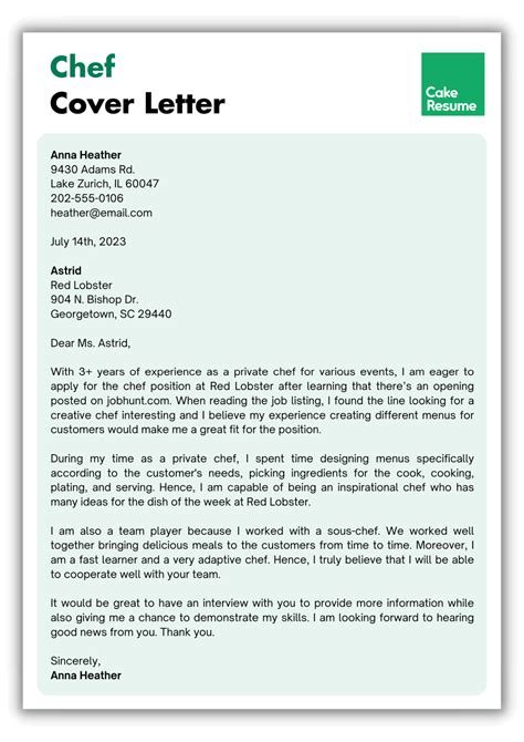 Chef Cover Letter Writing Guide Examples Cakeresume