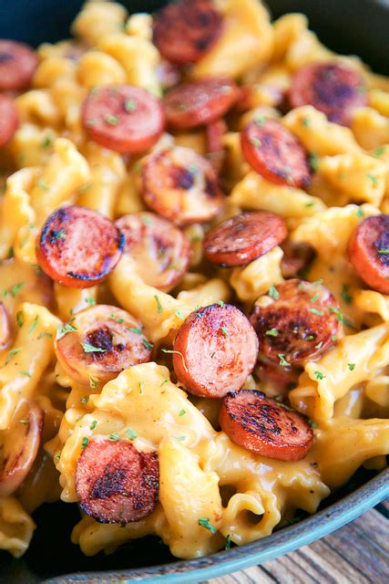 I use fresh apples and chicken broth in place of the apple cider and regular smoked sausage. Beer Cheese and Sausage Pasta | Plain Chicken