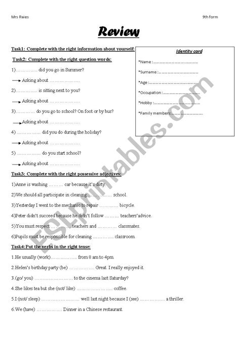 Review 9th Form 1st Meeting Esl Worksheet By Lovely Child