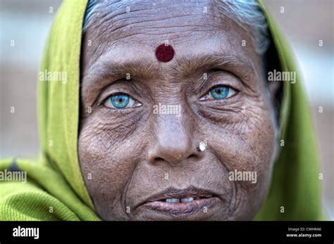 Portrait Of A Beautiful Woman With Blue Eyes Varanasi India Stock
