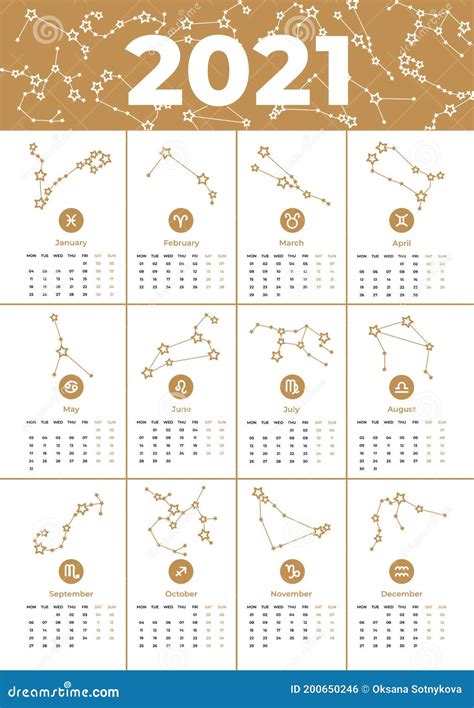 Vector Calendar 2021 A3 Template Zodiac Signs Constellations Stock