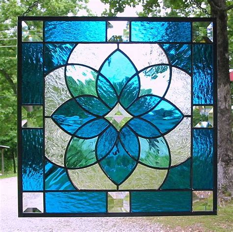 Aqua Blue Geometric Stained Glass Panel Diy Stained Glass Window Stained Glass Quilt Stained