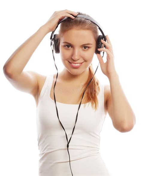 Woman With Headphones Listening Music Music Teenager Girl Isol Stock
