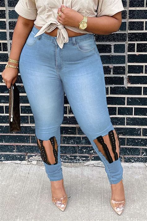 Light Blue Casual Solid Ripped Plus Size Jeansplus Size