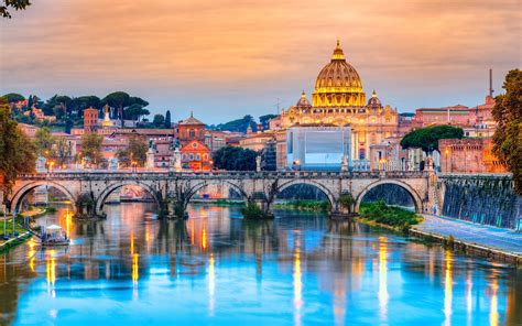 Wallpaper Travel To Rome Italy Cathedral River Bridge Dusk Lights