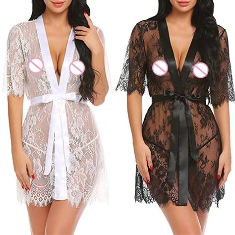 With Belt Sexy Half Sleeve See Through Robes Women Short Lace Kimono