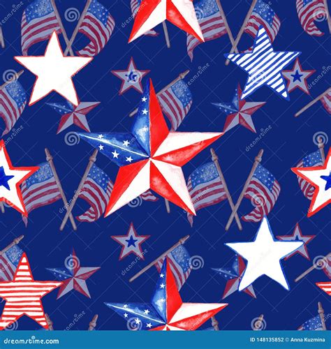 Patriotic Decorative Red White And Blue Seamless Pattern With Us Flags