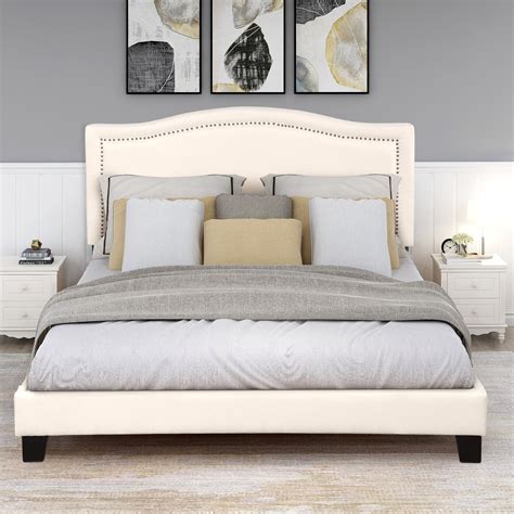 Queen Size Platform Bed Frame Upholstered Linen Bed Frame Wheadboard