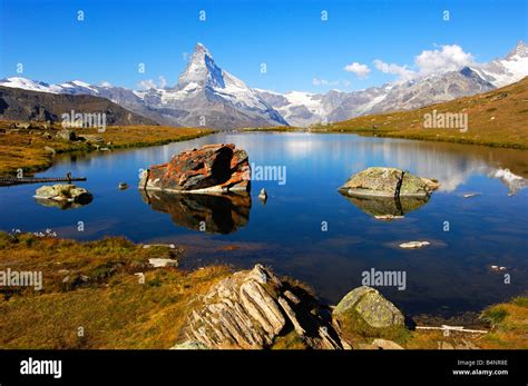 At Lake Stellisee Near Zermatt Mt Matterhorn In The Background