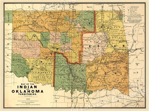 1890s Map Of The Indian And Oklahoma Territories Vintage State Map