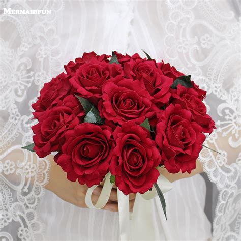 2018 Real Images Artificial Red Rose Wedding Bouquet Beautiful Wedding