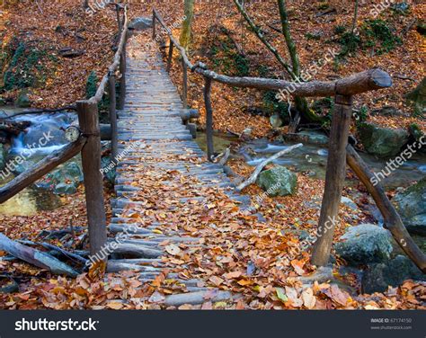 Wooden Bridge Over Brook In Autumn Forest Stock Photo 67174150