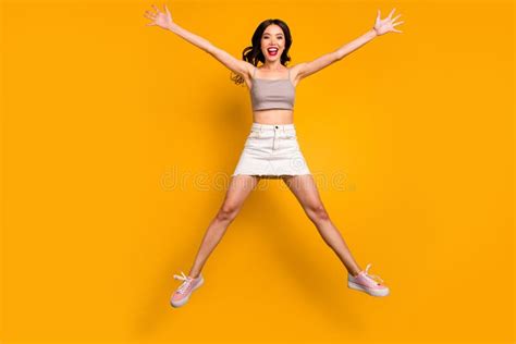 Full Length Body Size Photo Of Cheerful Positive Cute Pretty Nice Girlfriend Jumping Shaping