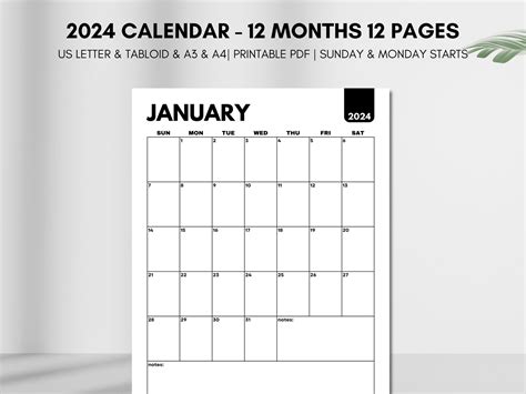2024 Calendar Printable 2024 Monthly Calendar Vertical 2024 Annual