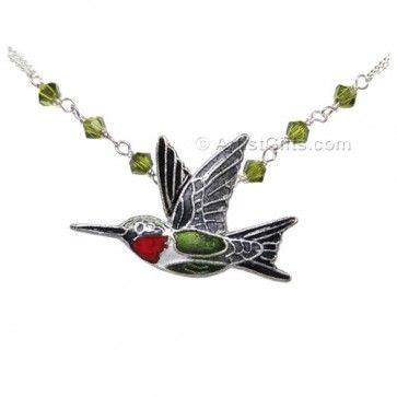 Ruby Throat Hummingbird Necklace In Silver Cloisonne Enamel